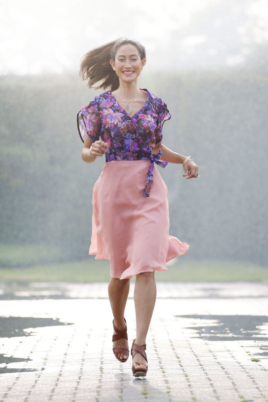 Victory Patterns Nicola wrap dress with tulip skirt, petal sleeves, and sash closure in lightweight fabric