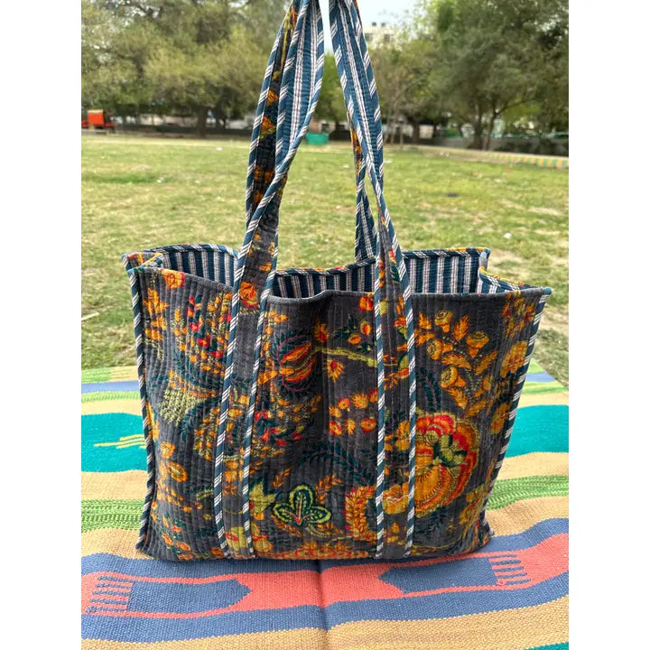 Quilted Velvet Market Bag - Midnight Floral (Reversible)