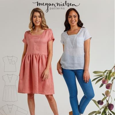 Megan Nielsen Olive sewing pattern for relaxed-fit blouse and dress with V-neck insert, optional patch pocket, and gathered skirt