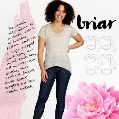 Megan Nielsen Briar sewing pattern featuring crop and standard-length tops, multiple sleeve options, patch pockets, and curved hem