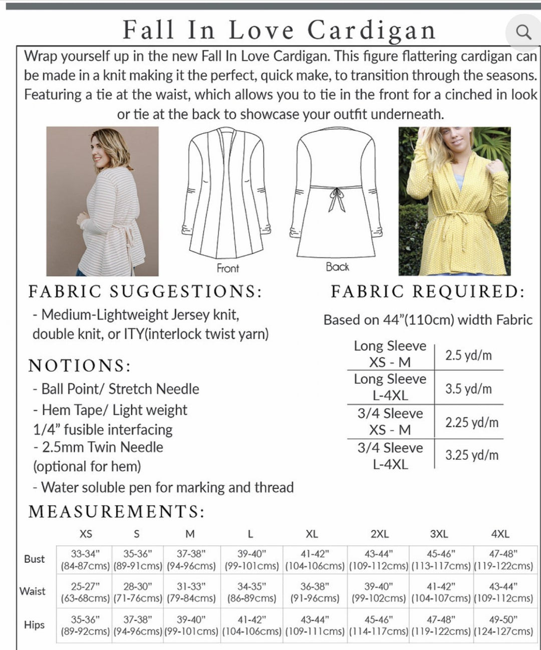 Sew to Grow Fall in Love Cardigan sewing pattern – waist tie cardigan for knit or woven fabrics