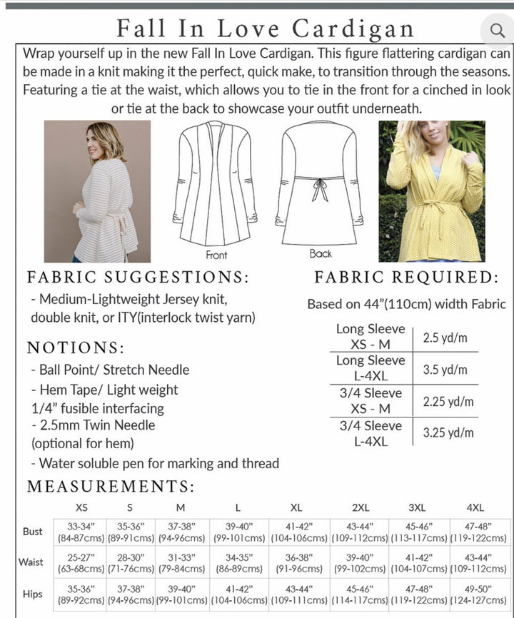 Sew to Grow Fall in Love Cardigan sewing pattern – waist tie cardigan for knit or woven fabrics
