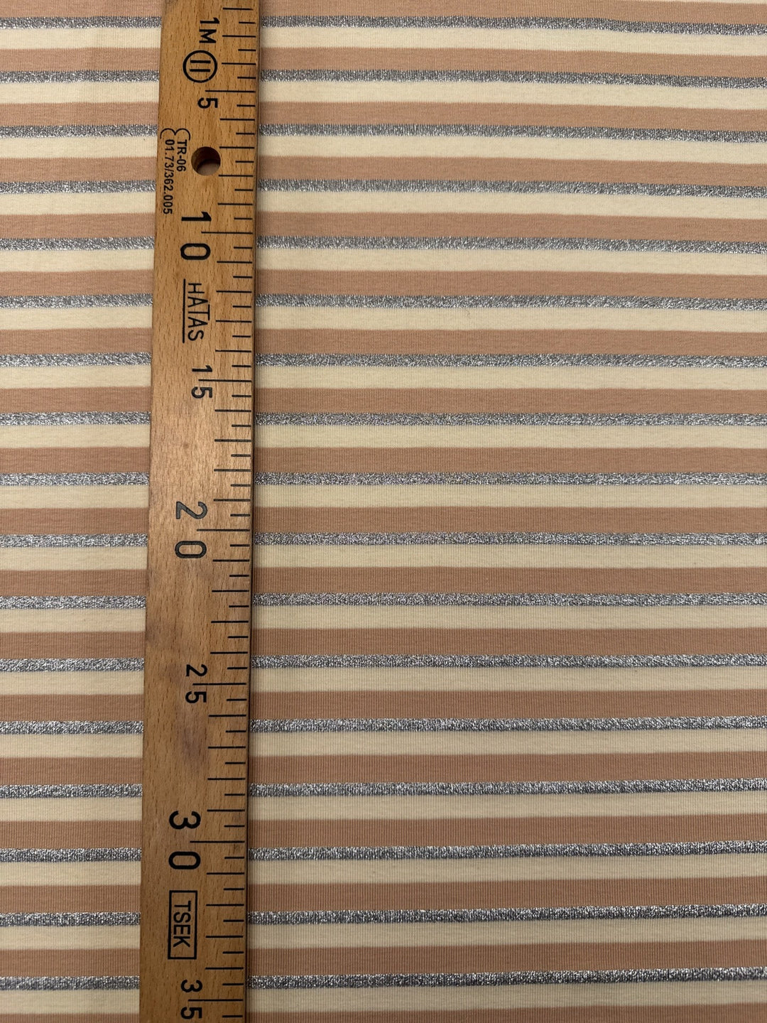 Mid-weight knit fabric with beige, brown, and silver metallic stripes, French origin, 52-inch width