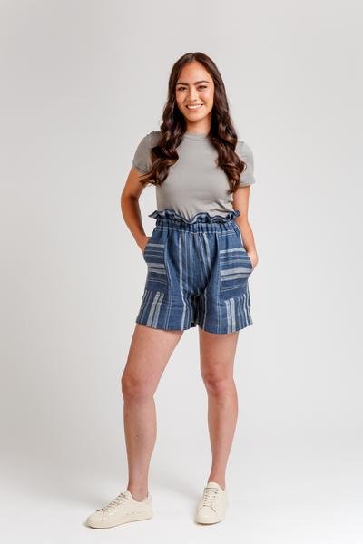 Megan Nielsen Opal sewing pattern for high-waist pants and shorts with paper bag and elastic waist options