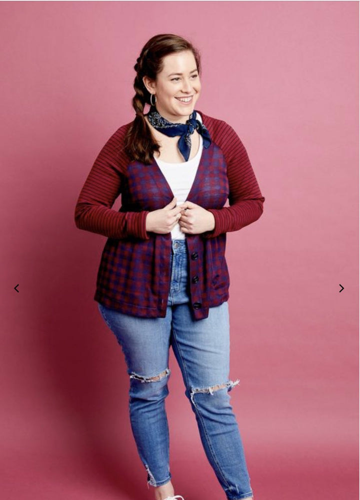 Cashmerette Fuller Cardigan sewing pattern with raglan sleeves, shoulder and bust darts, deep V-neck, and cropped or mid-hip lengths”