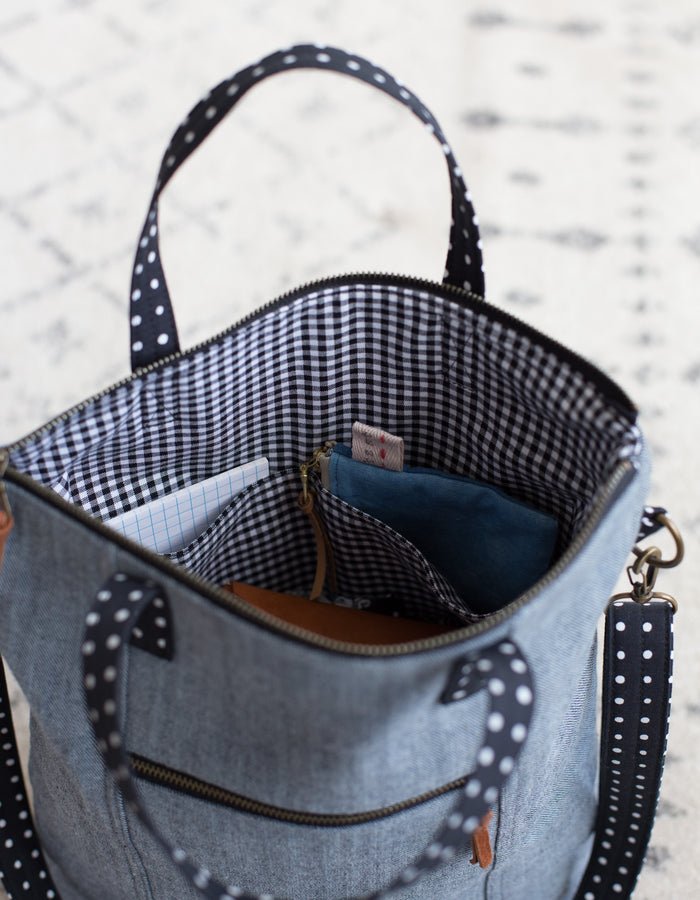 Noodlehead Redwood Tote sewing pattern for DIY crossbody bag with zippered pockets and adjustable strap