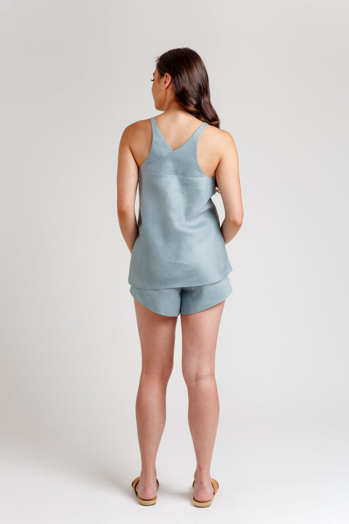 Megan Nielsen Reef sewing pattern camisole and shorts loungewear set with V-neck and elastic waist