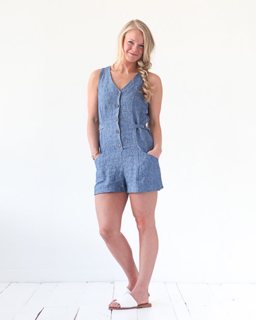 True Bias Yari Jumpsuit sewing pattern with V-neckline, angled patch pockets, button front, optional D-ring waist ties, and four view options