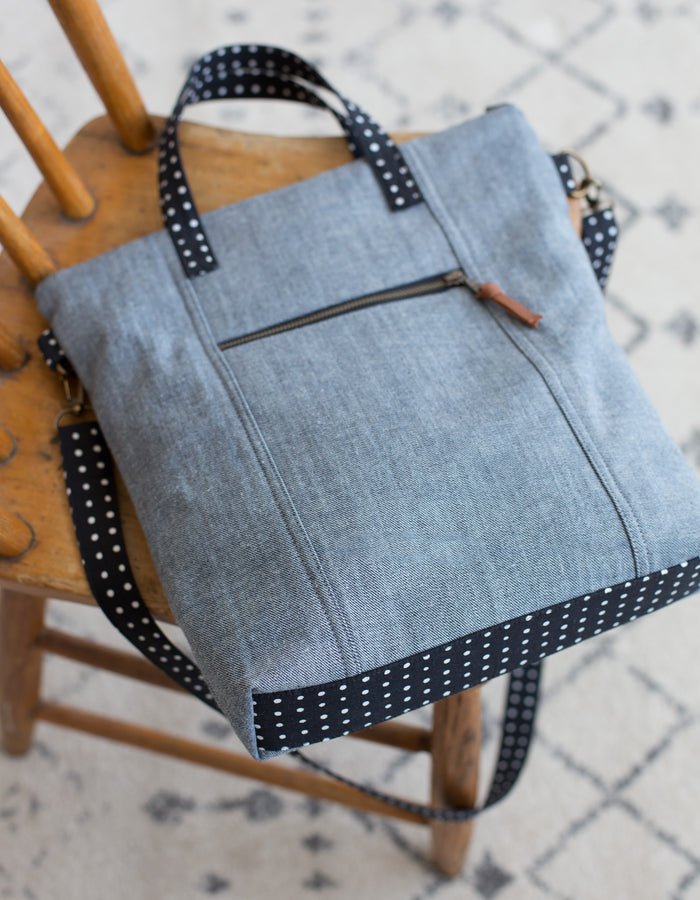 Noodlehead Redwood Tote sewing pattern for DIY crossbody bag with zippered pockets and adjustable strap