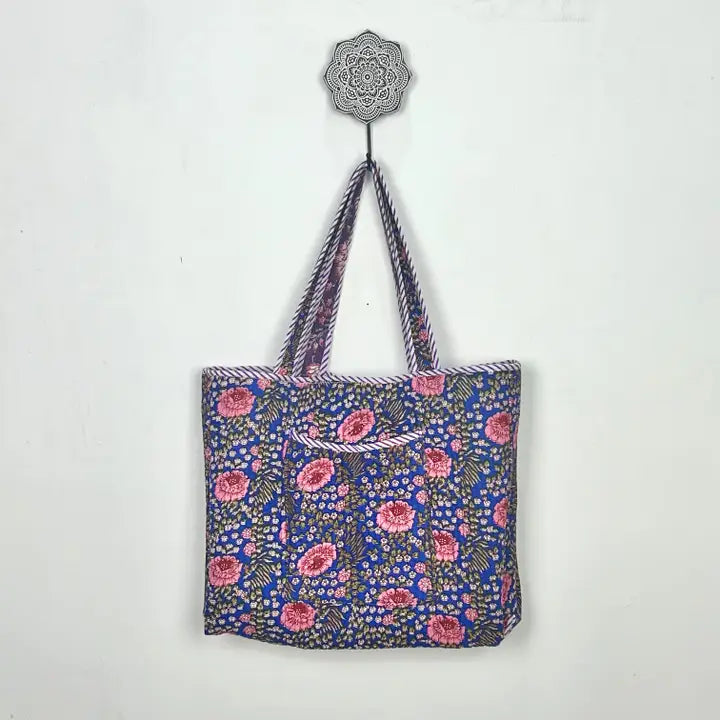 Quilted Cotton Market Bag - Purple Floral (Reversible)