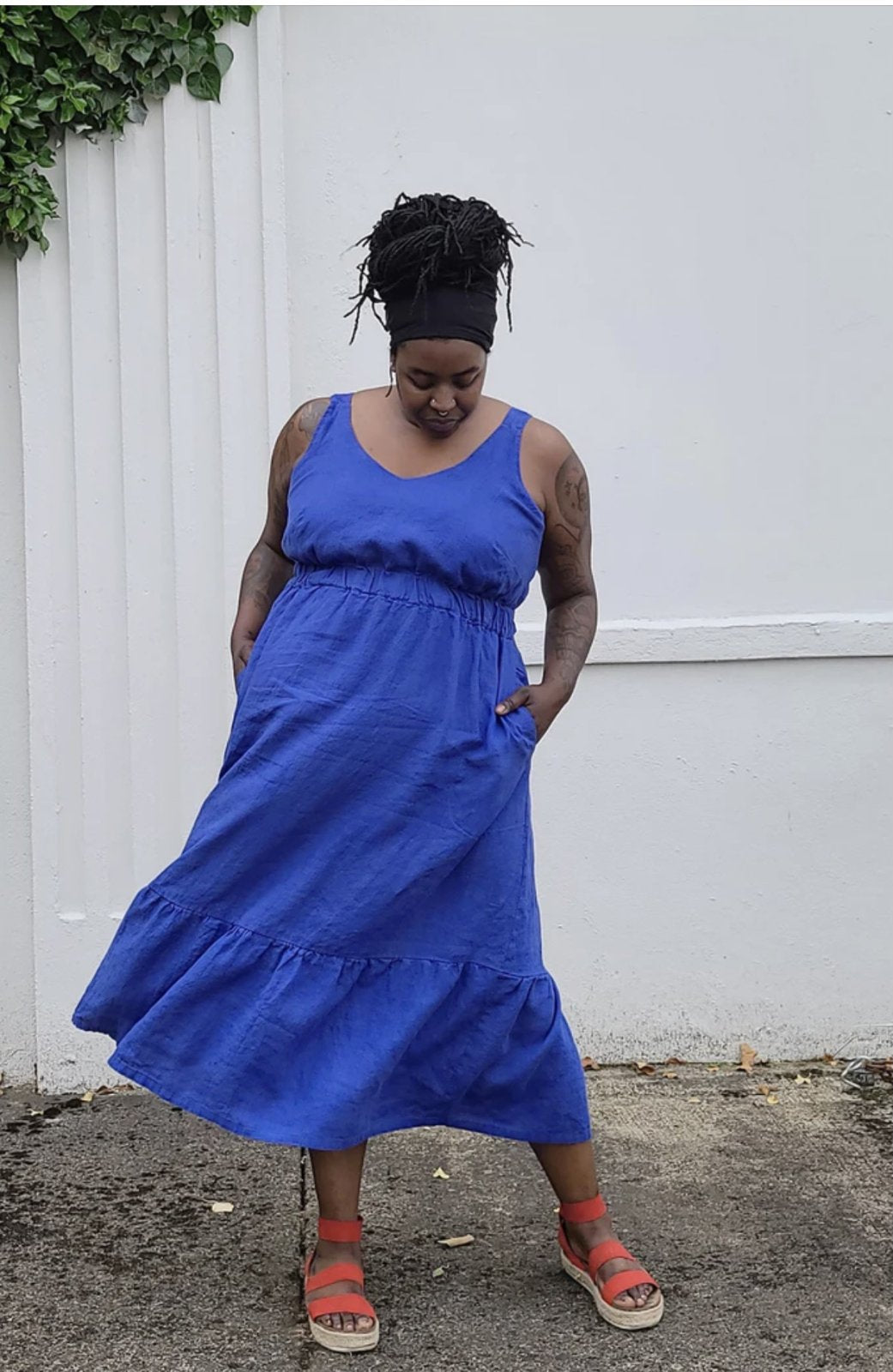 Sew House Seven Sauvie Sundress sewing pattern for standard sizes 00–20 with strappy V-neck design, pocket variations, and customizable lengths.