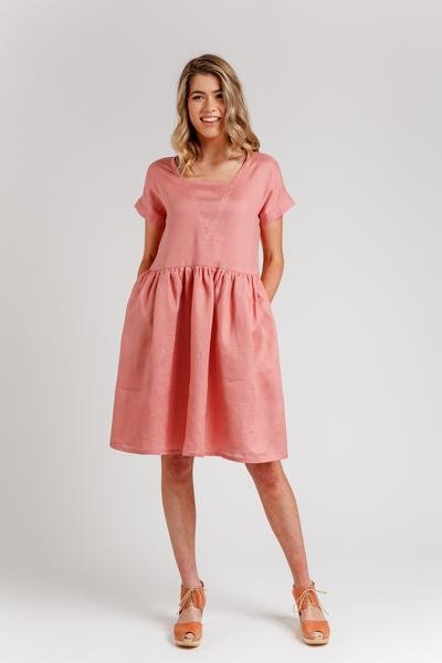 Megan Nielsen Olive sewing pattern for relaxed-fit blouse and dress with V-neck insert, optional patch pocket, and gathered skirt
