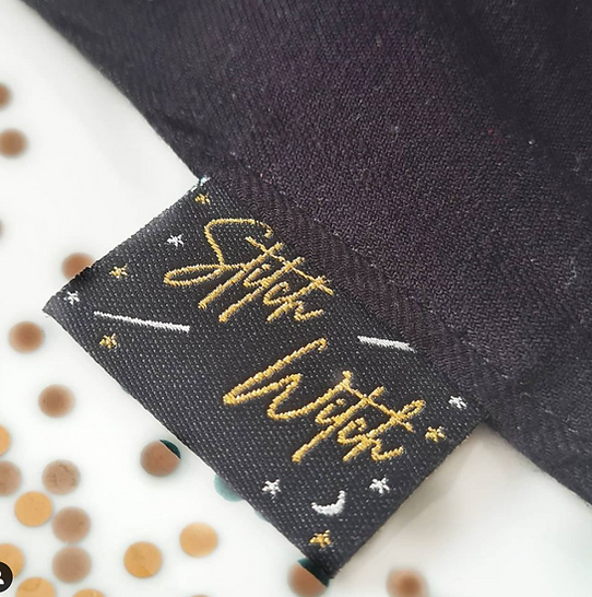 SA Labels Stitch Witch metallic garment tags with gold and silver lurex for magical sewing projects