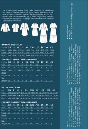 Friday Pattern Co. Wilder Gown sewing pattern with raglan sleeves, tiered skirt, tie-up neckline, and customizable lengths, sizes XS–4X