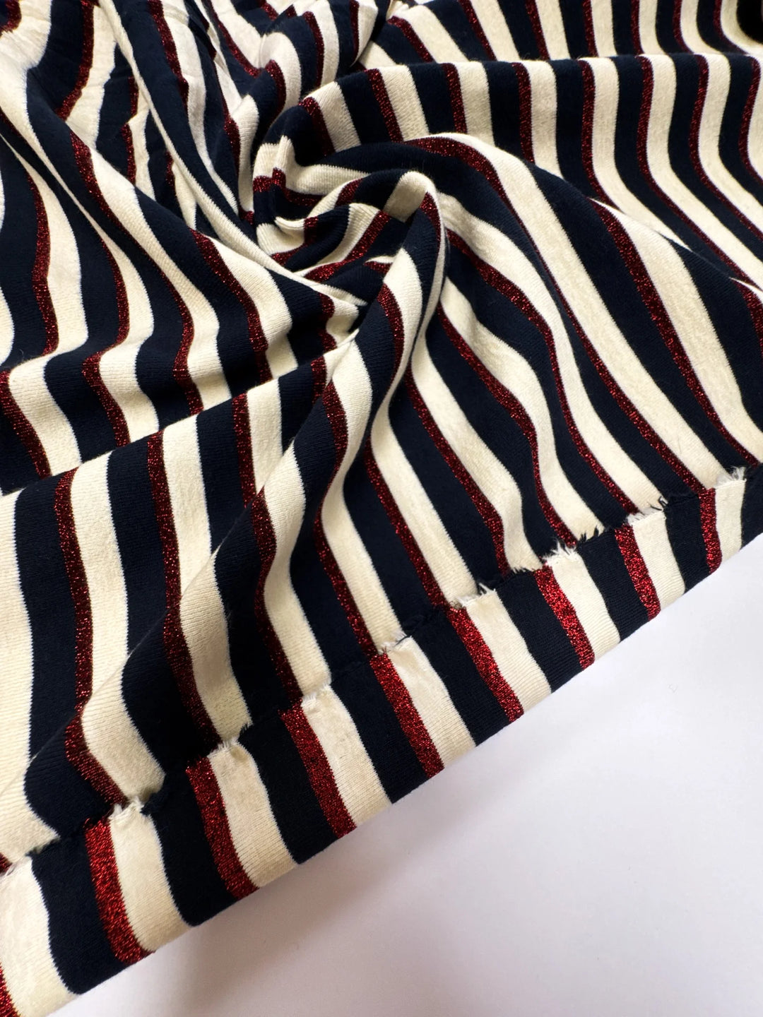 French striped knit fabric in navy, cream, and red lurex – midweight cotton blend, 54 inches wide