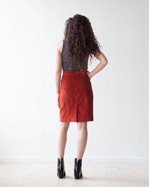 True Bias Salida Skirt pattern showing high-waist fitted knee-length and flared mid-calf skirt options with front zipper fly