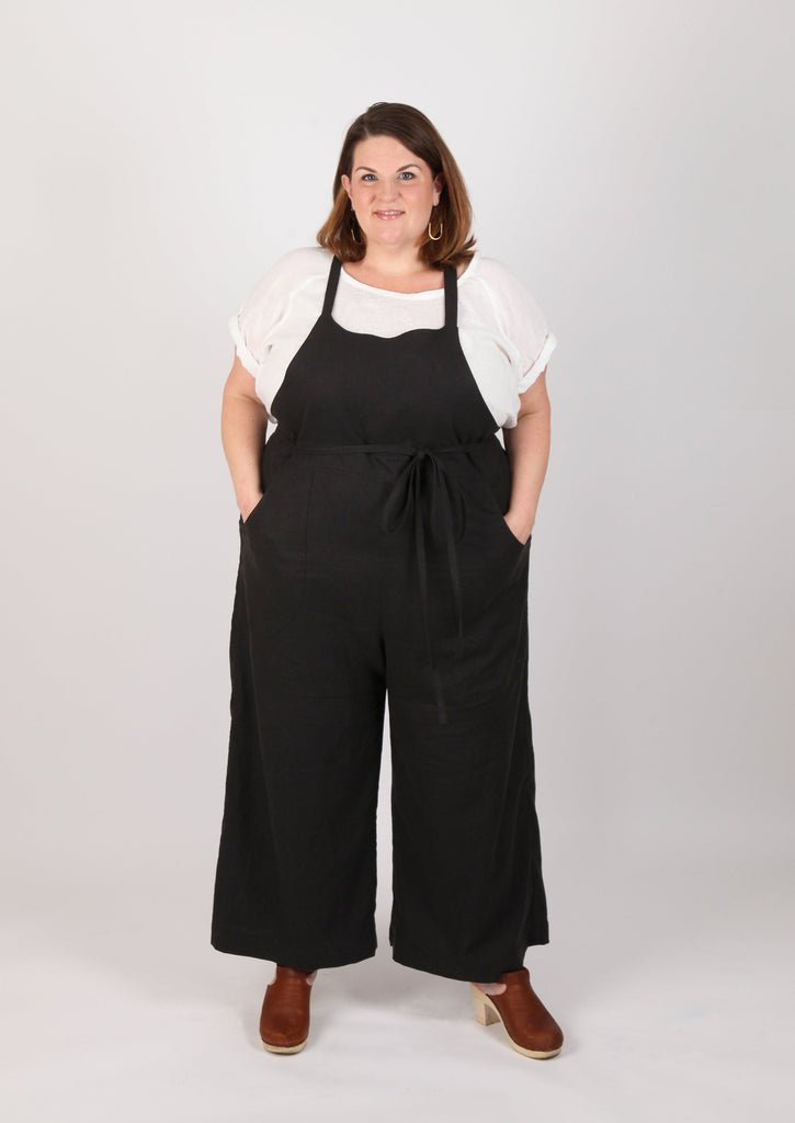 Sew House Seven Burnside Bibs Curvy Fit sewing pattern, scooped or straight front bib, cross-back straps, wide-leg pants