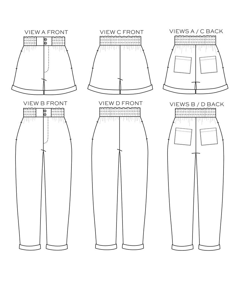 True Bias Dani Short & Pant sewing pattern with shorts and ankle-length pant variations, paperbag waist, pockets, and cuffed hem in sizes 0–18.