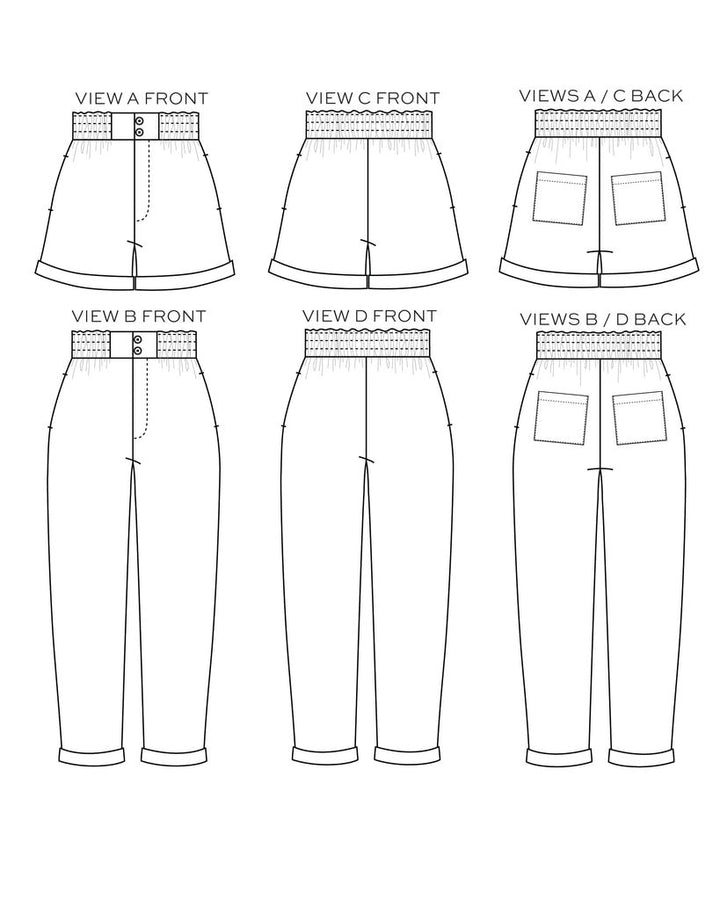 True Bias Dani Short & Pant sewing pattern with shorts and ankle-length pant variations, paperbag waist, pockets, and cuffed hem in sizes 0–18.