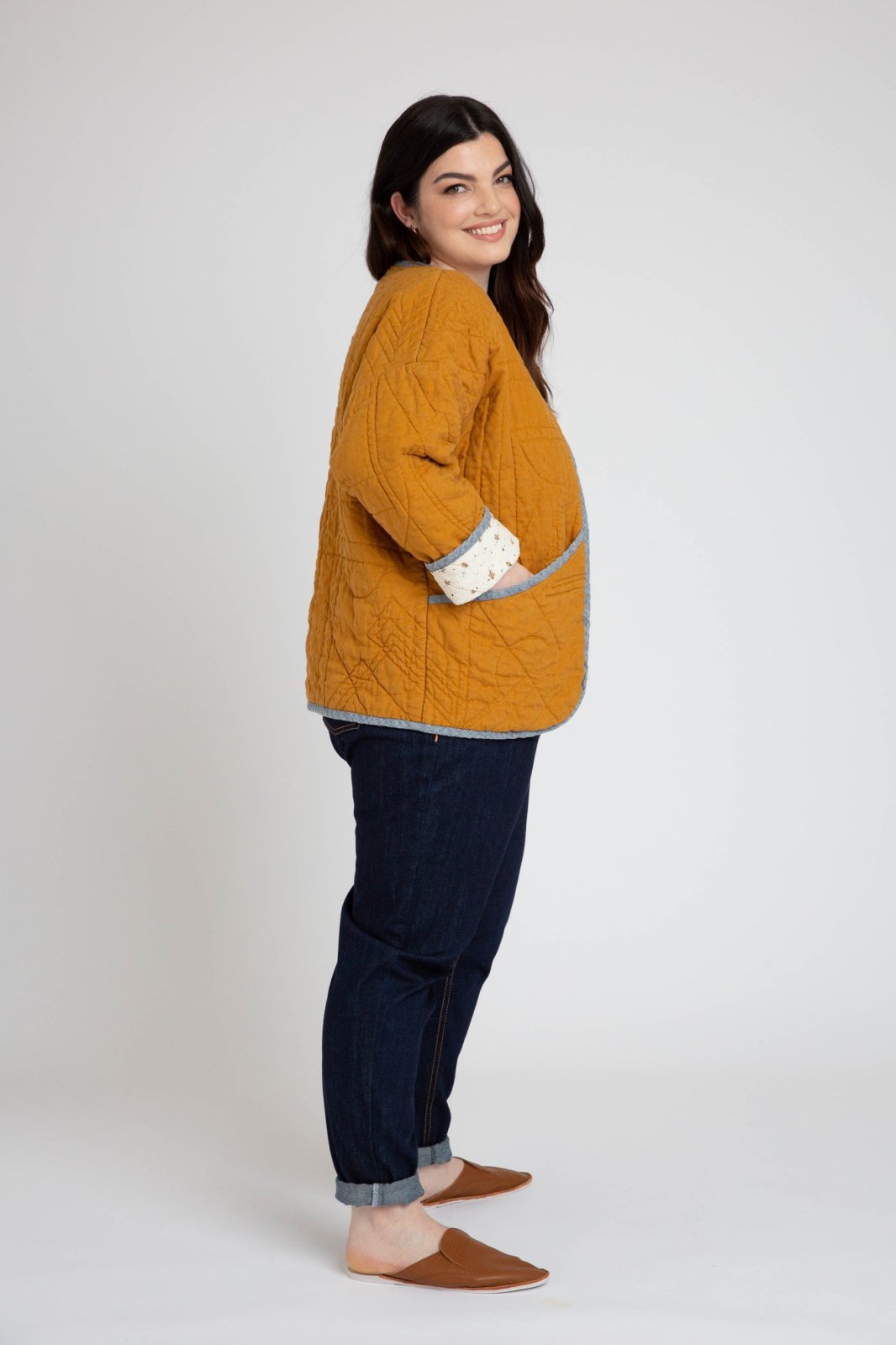 Megan Nielsen Hovea sewing pattern for curvy sizes, featuring loose-fit drop shoulder jackets and coats with multiple lengths