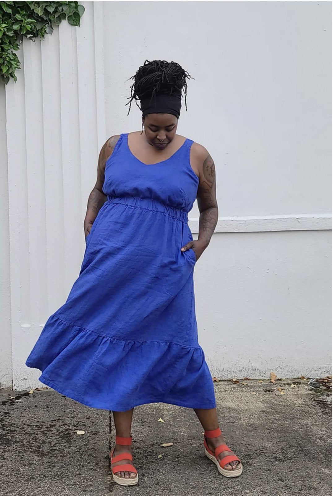 Sew House Seven Sauvie Sundress sewing pattern for curvy sizes with V-necklines, narrow straps, and pocket variations.