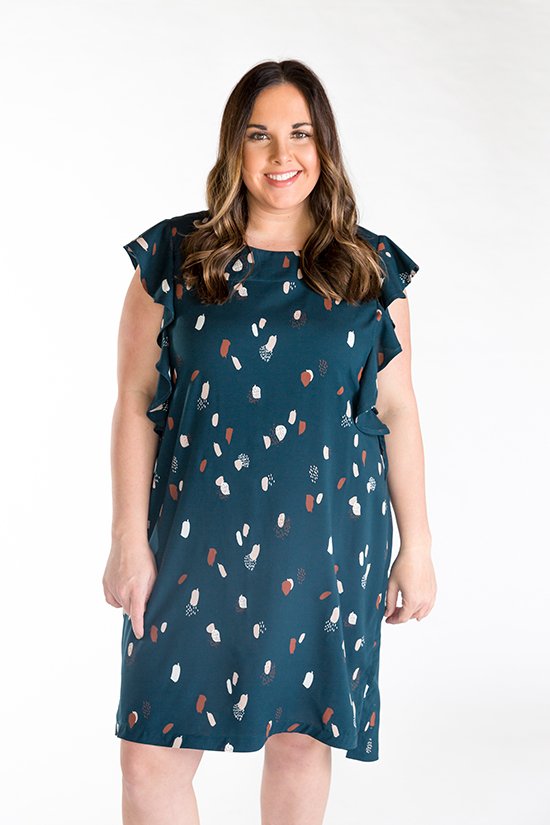 Chalk & Notch Farrah Blouse & Dress sewing pattern with ruffle details and high-low hemline