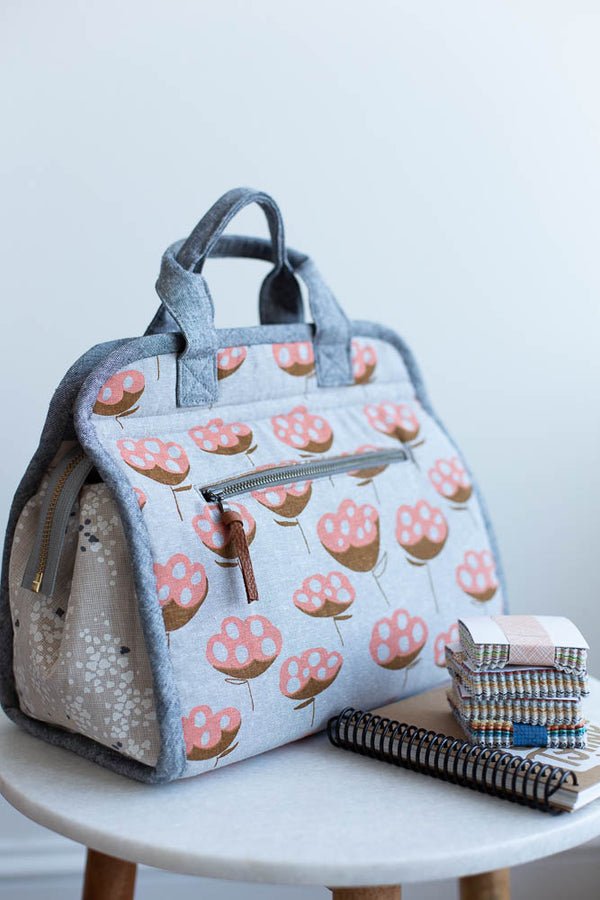 Noodlehead Maker’s Tote sewing pattern for DIY craft organizer bag with zippered pockets and two sizes