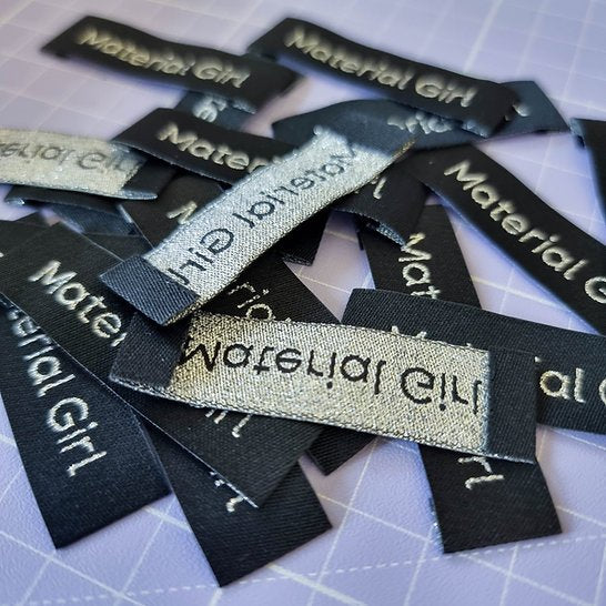 SA Labels Material Girl silver sparkle garment tags for sewing enthusiasts and fabric lovers