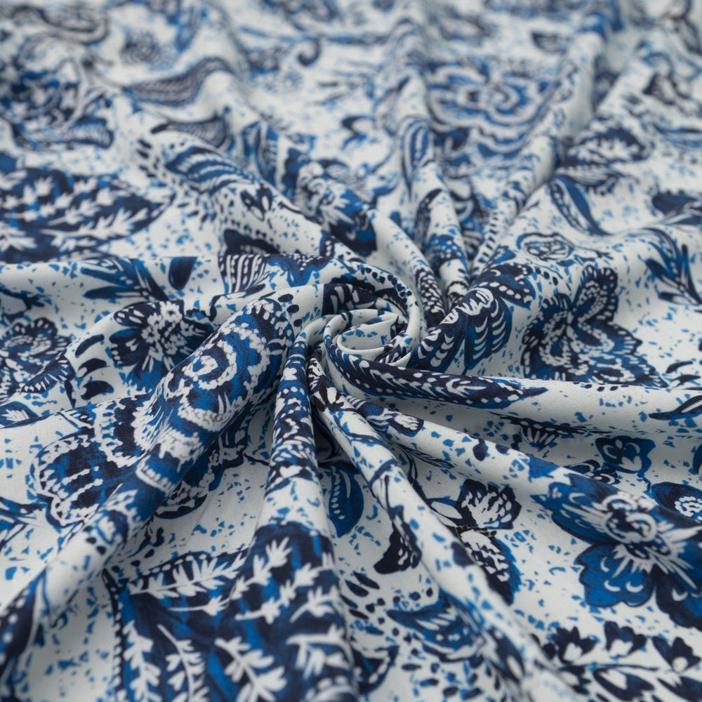 Rayon Challis Blue Floral Splatter fabric, soft lightweight textile for dresses and blouses, 56-inch width, artistic sewing material