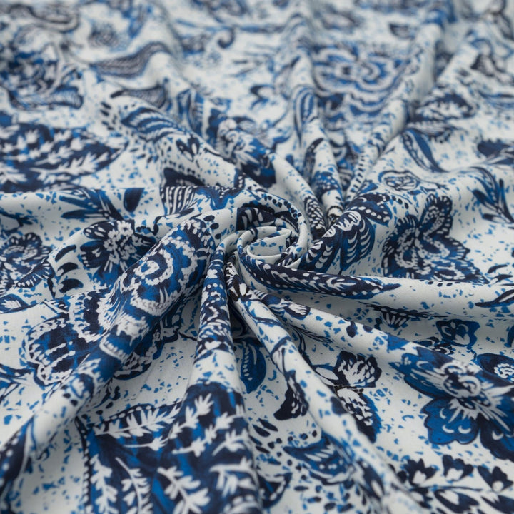 Rayon Challis Blue Floral Splatter fabric, soft lightweight textile for dresses and blouses, 56-inch width, artistic sewing material