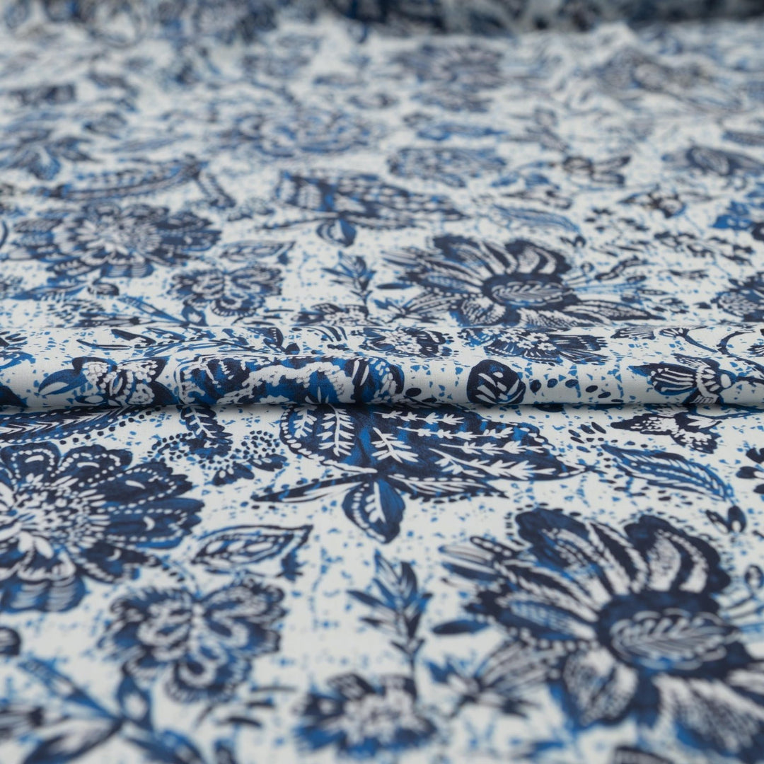 Rayon Challis Blue Floral Splatter fabric, soft lightweight textile for dresses and blouses, 56-inch width, artistic sewing material