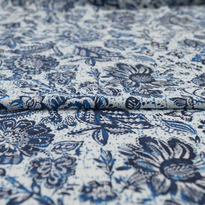 Rayon Challis Blue Floral Splatter fabric, soft lightweight textile for dresses and blouses, 56-inch width, artistic sewing material
