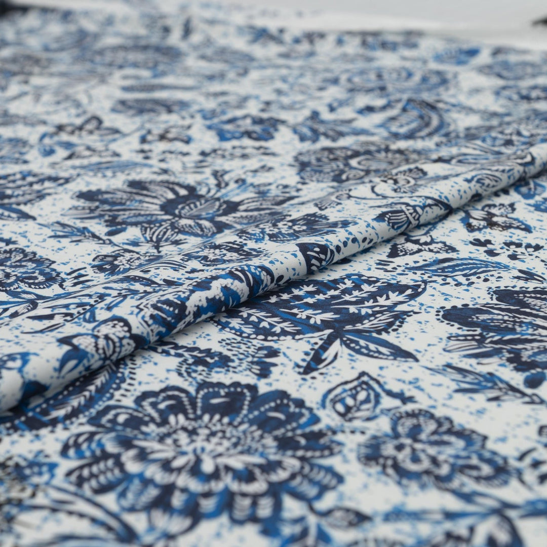 Rayon Challis Blue Floral Splatter fabric, soft lightweight textile for dresses and blouses, 56-inch width, artistic sewing material