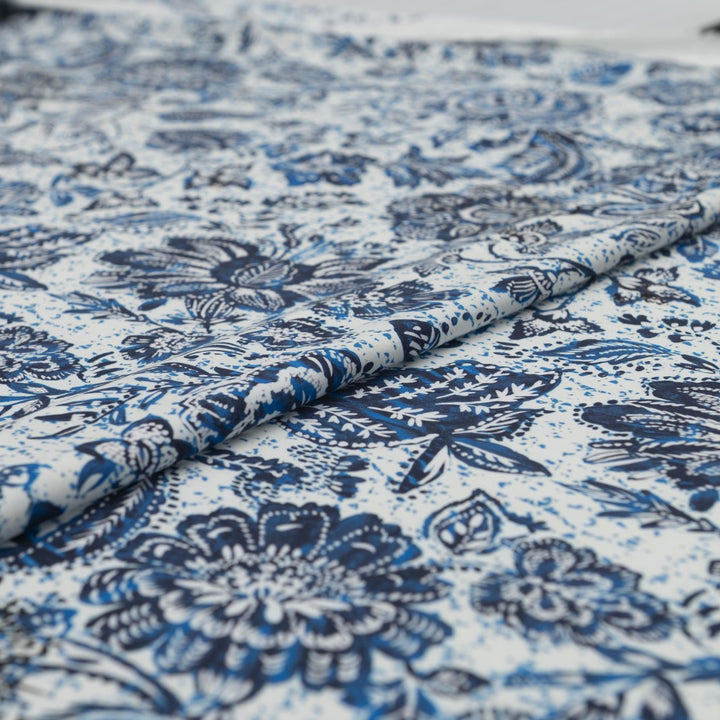 Rayon Challis Blue Floral Splatter fabric, soft lightweight textile for dresses and blouses, 56-inch width, artistic sewing material