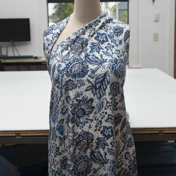 Rayon Challis Blue Floral Splatter fabric, soft lightweight textile for dresses and blouses, 56-inch width, artistic sewing material