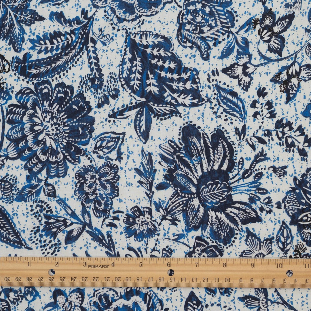 Rayon Challis Blue Floral Splatter fabric, soft lightweight textile for dresses and blouses, 56-inch width, artistic sewing material