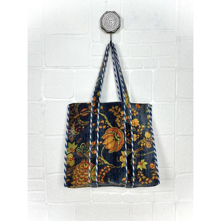 Quilted Velvet Market Bag - Midnight Floral (Reversible)