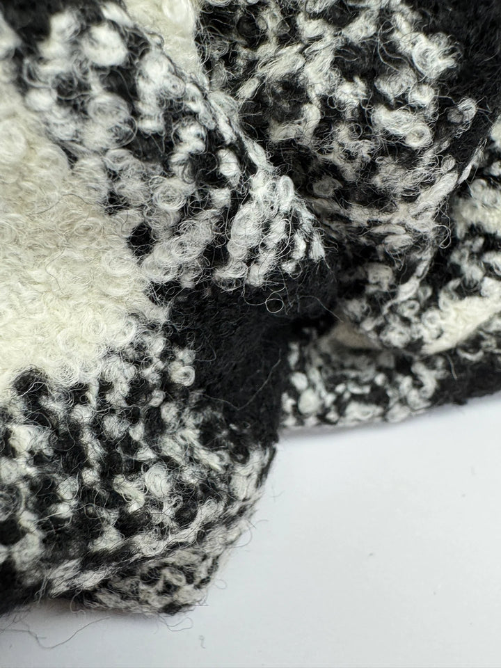 Black and white plaid tweed bouclé wool blend fabric, Italian twill weave, 55-inch wide, ideal for coats, jackets, skirts, and tailored suits
