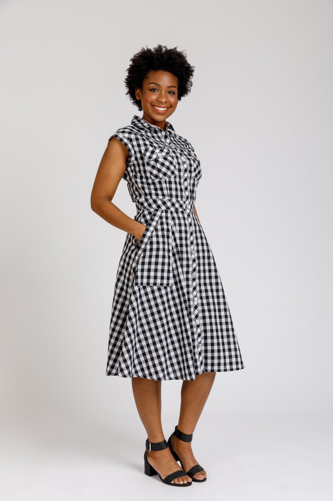 Megan Nielsen Matilda sewing pattern utility-style shirt dress with pleated pockets and A-line skirt