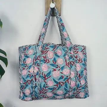 Quilted Cotton Market Bag - Pink Floral Aqua (Reversible)