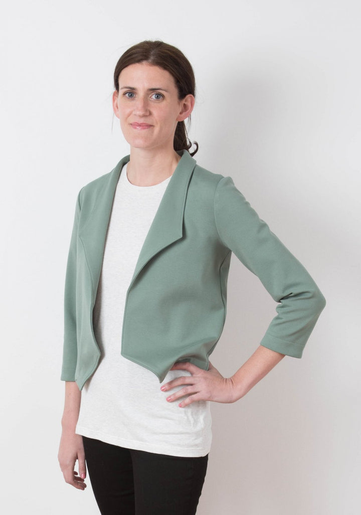 Grainline Studio Morris Blazer sewing pattern with shawl collar, bracelet-length sleeves, medium weight fabric, sizes 0–18