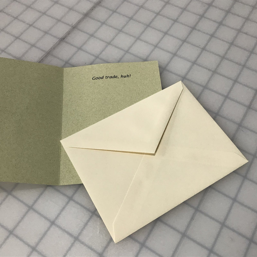 Funny sewing-themed note card with 'I got a sewing machine for my husband' quote and matching envelope, perfect for crafters