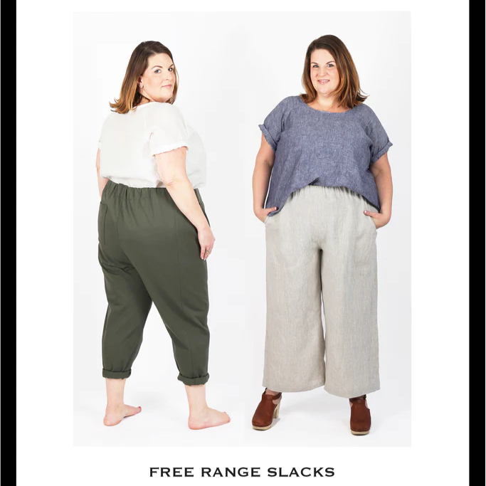 Sew House Seven Free Range Slacks sewing pattern in curvy sizes with elastic waist, tapered and cropped leg options