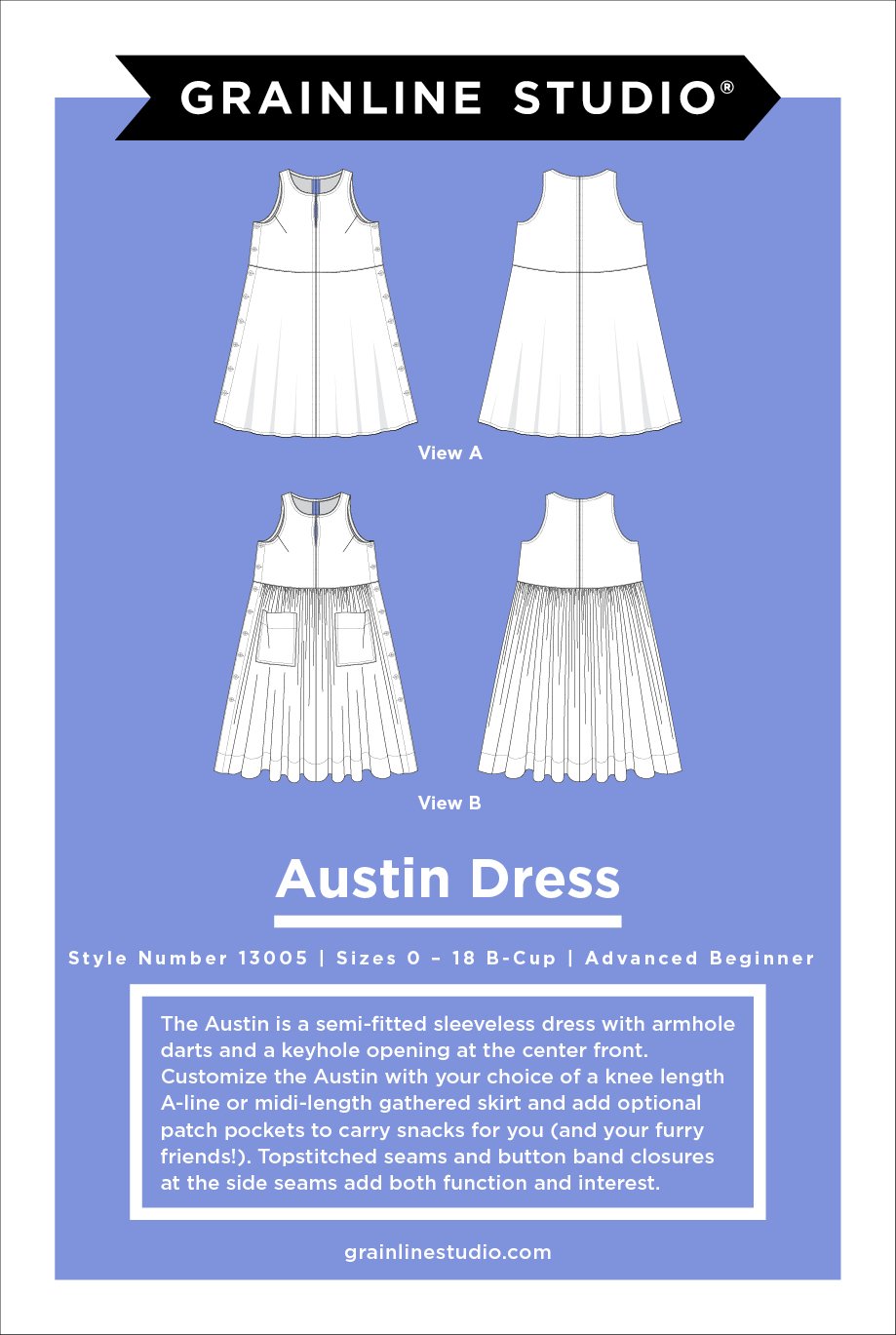 Grainline Studio Austin Dress sewing pattern sizes 0–18 with sleeveless bodice, keyhole opening, and customizable skirt options