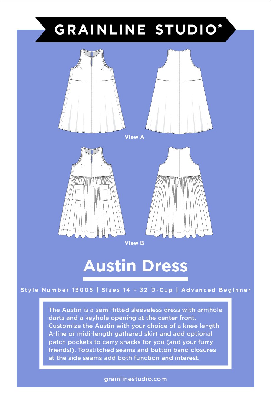 Grainline Studio Austin Dress sewing pattern for sizes 14–32 with sleeveless design, side button closures, and customizable skirt options