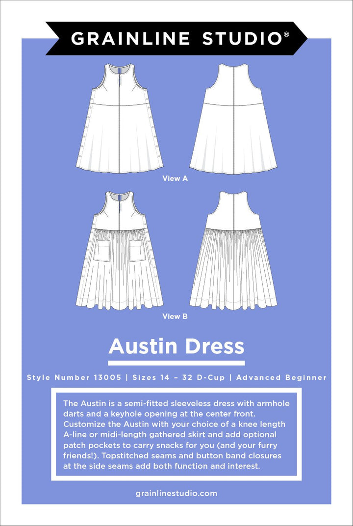 Grainline Studio Austin Dress sewing pattern for sizes 14–32 with sleeveless design, side button closures, and customizable skirt options