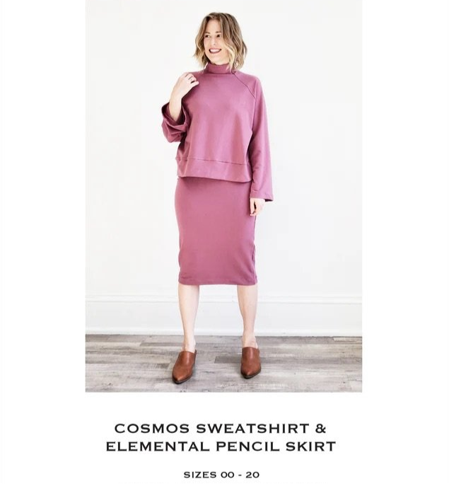 Sew House Seven Cosmos Sweatshirt and Elemental Pencil Skirt sewing pattern, oversized raglan top and high-waist pencil skirt
