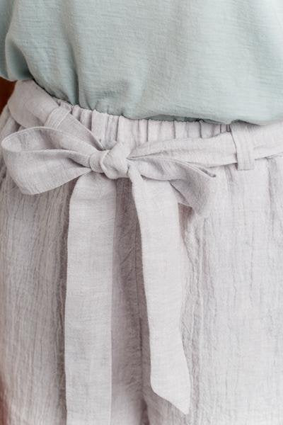 Megan Nielsen Opal sewing pattern for high-waist pants and shorts with paper bag and elastic waist options