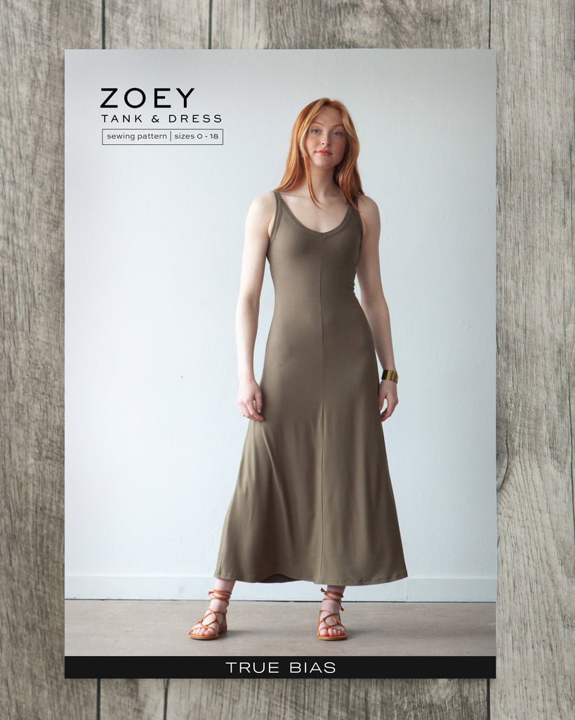 True Bias Zoey Tank & Dress sewing pattern with cropped tank, hip-length tank, and fit-and-flare dress variations in sizes 0–32.