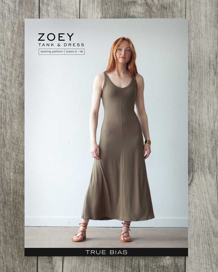 True Bias Zoey Tank & Dress sewing pattern with cropped tank, hip-length tank, and fit-and-flare dress variations in sizes 0–32.